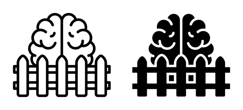 Brain Behind Fence Icons, Mental Barrier Concept, Intellectual Property Protection, Cognitive Limitation, Creative Block, Mind Control Symbol, Thought Process Security