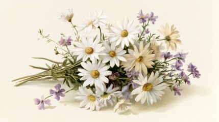Obraz premium Daisy bouquet arranged in still life on cream background