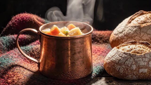 hot steaming vegetable soup in a rustic copper mug with crusty artisan bread loaves on a cozy blanket background, comfort food and warm meal concepts