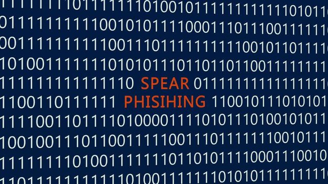 Spear phishing text or word with digital binary animation background, designed for an illustrative digital world technology concept representing targeted cyber attacks and online security threats.