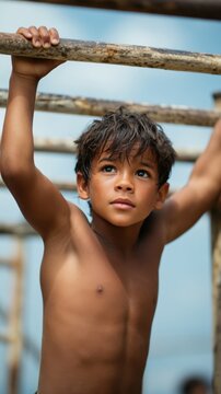 Young boy hanging on monkey bars at outdoor playground