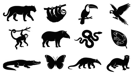 Obraz premium Amazon rainforest animal silhouettes set featuring exotic wildlife species in black