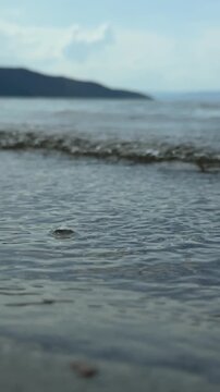 Small Waves Lapping at the Shore in Close Up
