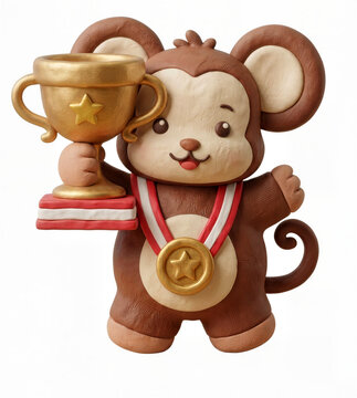 Monkey holding gold trophy and medal, 3D claymation animal winner mascot, plasticine character isolated on white