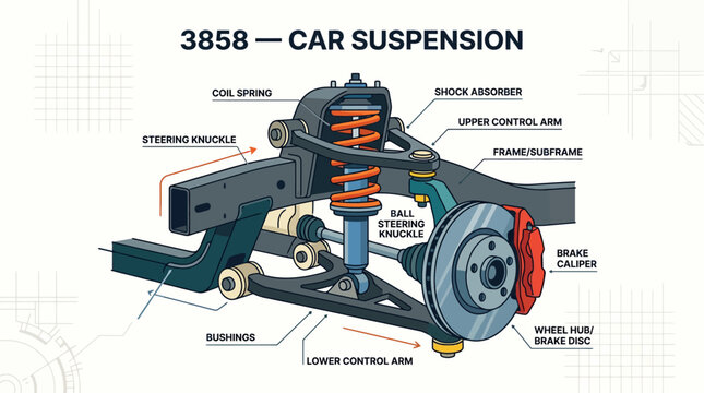 Car suspension diagram showing detailed automotive mechanical parts and components structure
