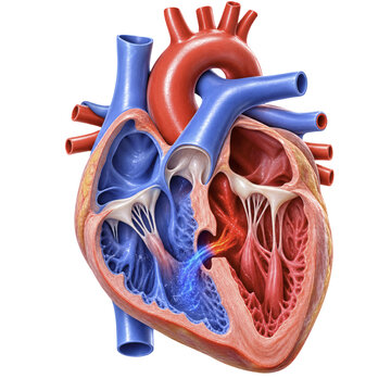 Cutaway anatomical heart showing a ventricular septal defect with oxygenated blood shunting from left ventricle to right ventricle through the