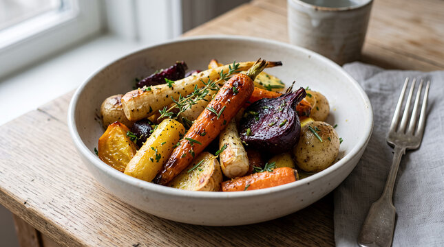 Roasted root vegetables fill a ceramic bowl sitting on a rustic wooden dining table.