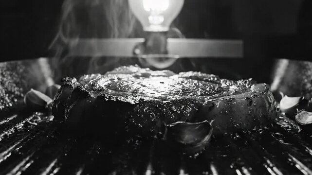 Black and white close up of delicious ribeye steak sizzling on grill with garlic cloves and steam rising