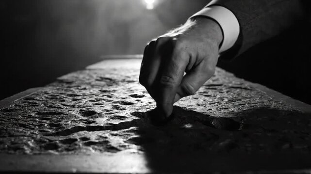 Intriguing Close Up Black and White Shot of Hand Exploring a Rough Textured Surface with Sound