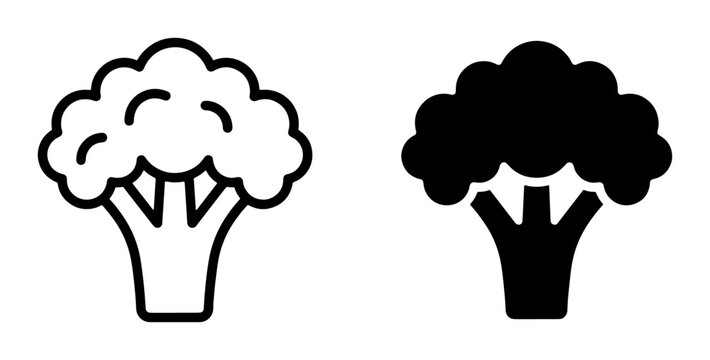 Broccoli Icons: Simple Outline and Solid Black Vector Graphics for Healthy Eating and Food Concepts, Versatile Vegetable Illustrations