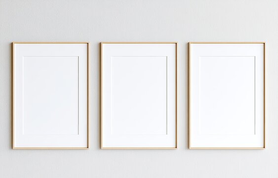 Three empty, clean, modern gold-framed pictures on a pale wall