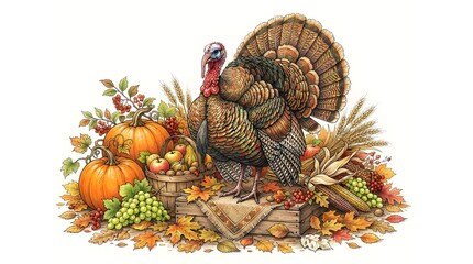 Obraz premium Realistic turkey standing on a wooden crate with harvest fruits and autumn leaves isolated on white background