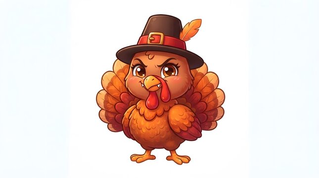 A cute but grumpy cartoon turkey wearing a pilgrim hat isolated on white background