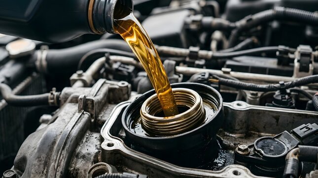 Mechanic pouring new synthetic motor oil into vehicle engine tank during regular automotive service