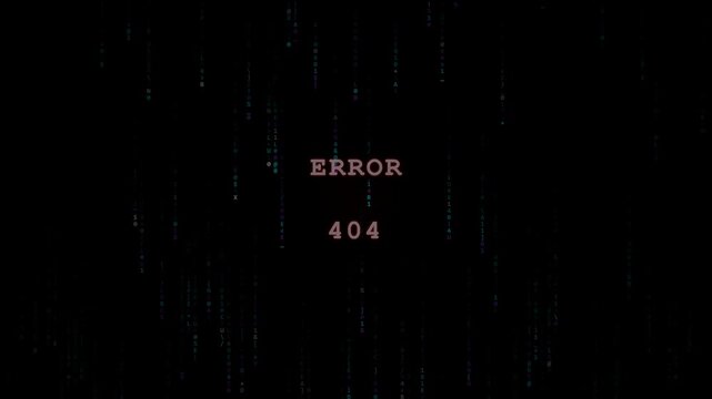 A premium cinematic motion graphic featuring matrix data rain background with deep cyan and electric violet undertones, paired with stacked 'ERROR 404' typography in striking neon red with rhythmic 