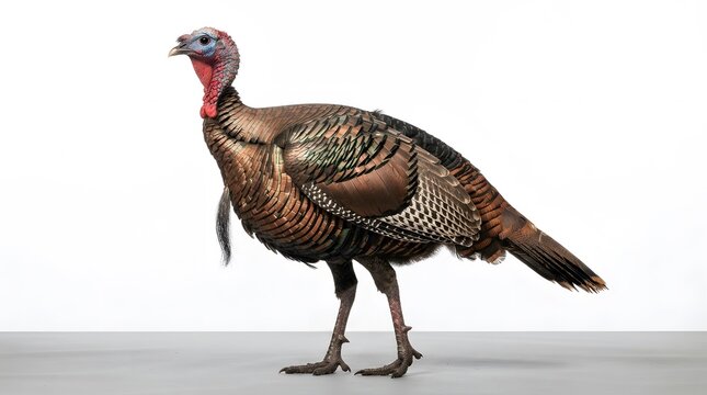 Side view of a male wild turkey standing on a grey surface, isolated on white background