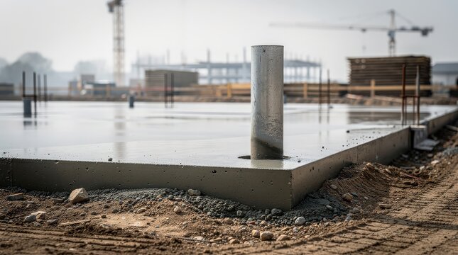 A concrete foundation slab with a vertical pipe in the foreground and cranes and construction materials in the blurred background.