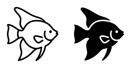 Fototapeta premium Angelfish Vector Icons: Outline and Silhouette, Aquatic Life, Tropical Fish, Marine Animal Graphics for Ocean, Aquarium, and Underwater Themes