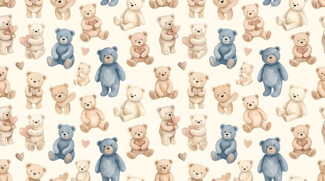 Seamless watercolor pattern with cute teddy bears for nursery and baby shower decor