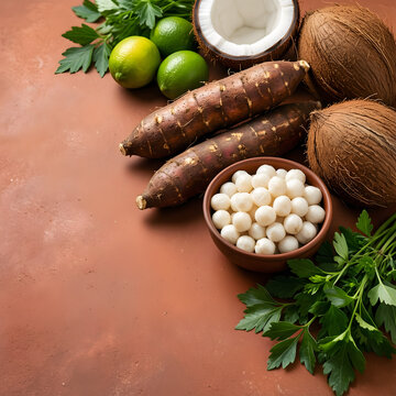 Cassava root, tapioca pearls, coconut, lime and fresh herbs, arranged as one clearly separated ingredient collection with no packages or writing for Brazilian ingredient, tropical-food