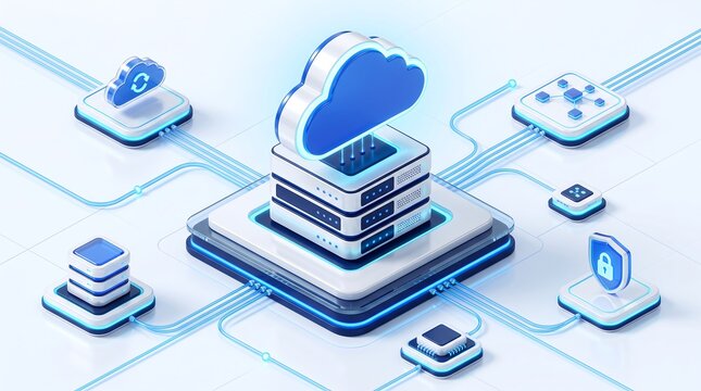 Cloud computing infrastructure with centralized data storage unit and interconnected server nodes for global network connectivity and digital security management in a clean isometric illustration