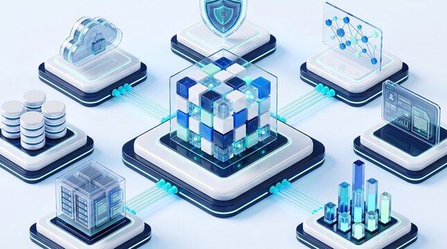 Integrated cloud network ecosystem with secure data cube and linked analytical visualization platforms for enterprise server management and digital infrastructure monitoring in isometric view