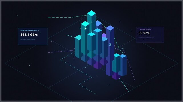 Futuristic data visualization graph with digital city elements and abstract business background