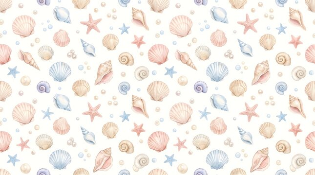 Seamless pattern with watercolor seashells and starfish for nursery or coastal decor.