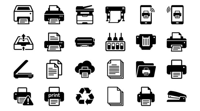 Printer and office document equipment icons showcasing printing technology, paper management and wireless printing symbols, concept for office automation and digital workflow efficiency