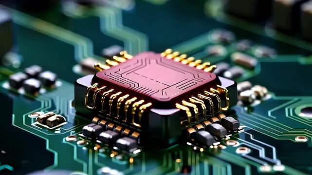 Close-up view of a red microchip on a green circuit board with intricate connections and components, showcasing the detailed technology in an electronic device