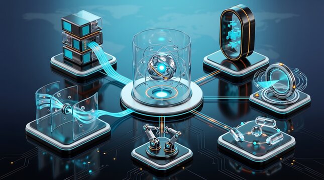 Advanced quantum computing and robotic automation nodes connected to central server database storage unit with glowing fiber optic cables in futuristic digital research space