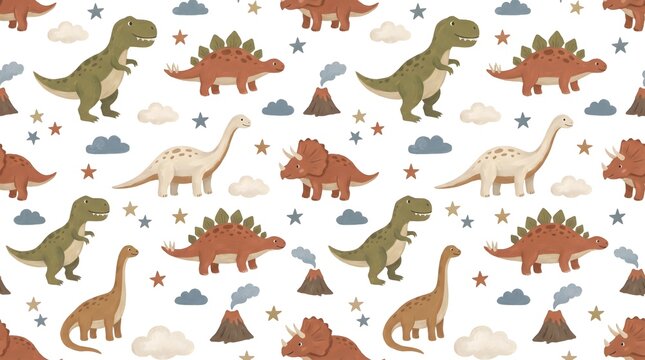 Seamless pattern with cute cartoon dinosaurs, volcanoes, and stars for kids textile design.