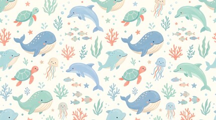 Fototapeta premium Seamless pattern with cute ocean animals like whales, dolphins, turtles and jellyfish