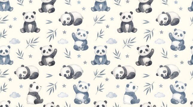 Seamless pattern with cute watercolor pandas sitting sleeping and waving on cream background