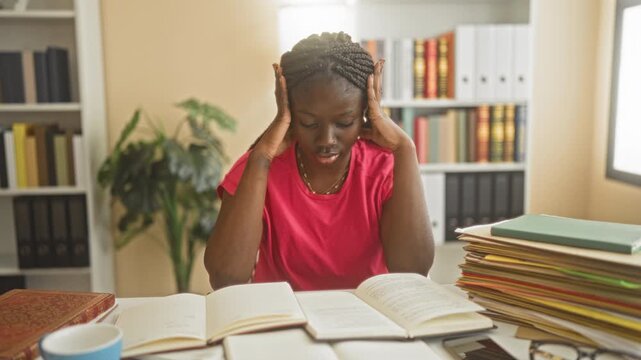 Woman with hands on head over open books and stacked folders on desk in a building study area, reading and rubbing temples; stress focus.