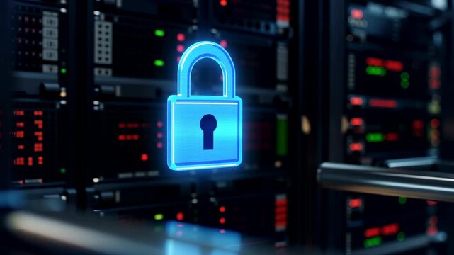 Digital lock icon illuminated in blue as a finger approaches it, set against a backdrop of server racks with blinking lights and data indicators in a technology environment