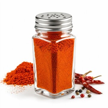 Paprika spice in a glass shaker with dried chili pepper and peppercorns