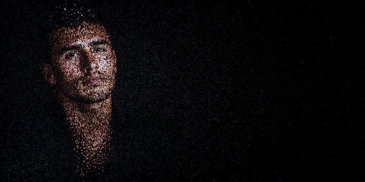 Digital ID Portrait of Man with Face made up of Computer code. Self-sovereign identity Concept with copy-space.