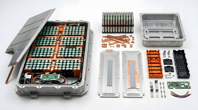 Exploded electric vehicle battery pack with lithium ion cells, copper busbars, thermal management components and enclosure parts for EV engineering