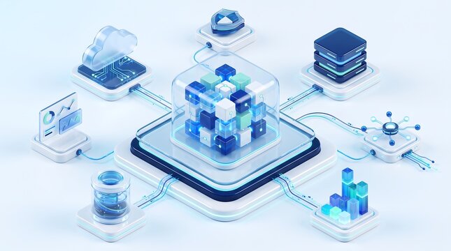 Modular cloud computing data storage system with glowing cube blocks and integrated security shield for high capacity business information management and digital network connectivity