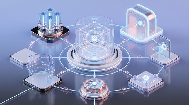 Complex digital network architecture featuring central atomic structure with modular server units and analytics data dashboards for advanced cloud computing and information technology