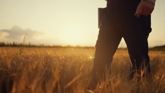 Successful farmer walking in field, view on legs, slow motion, in summer day. Agronomy, ecology and agriculture, save nature for future generation, countryman strolling alone in golden rye field
