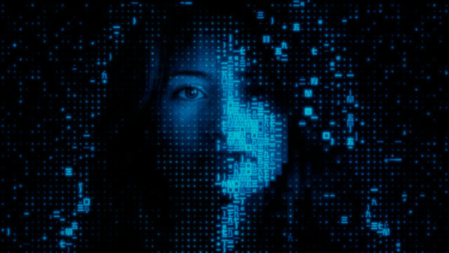 Woman's Face formed from Code Fragments. Facial Recognition Login Concept.