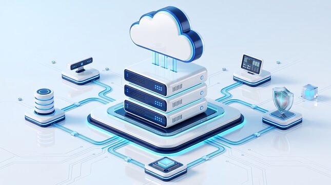 Advanced cloud computing hub with server stack and wireless connectivity modules for efficient data distribution and secure network infrastructure in modern digital enterprise environments