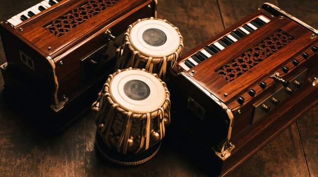 Indian classical music instruments tabla and harmonium rest on a wooden table. Percussion drums and keyboard wind instrument ready for a traditional performance. Melodic sounds fill the air.