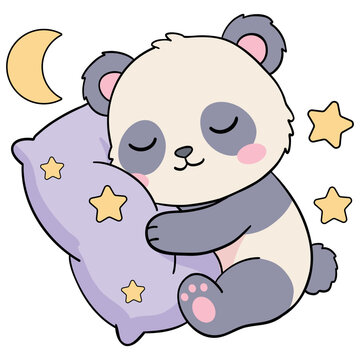 Cute sleeping panda hugging a pillow with stars and moon