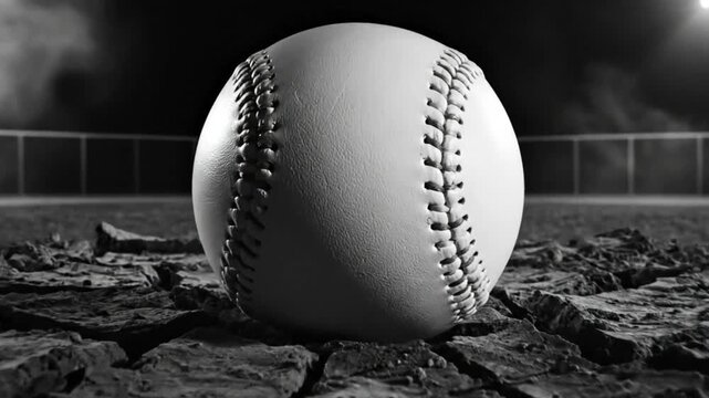 Dramatic close-up of a baseball resting on cracked earth in a darkened baseball field with stadium lighting and smoke