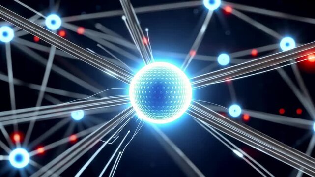 Abstract digital network visualization with glowing nodes and connecting lines, showcasing intricate patterns and luminous elements in a dark cosmic background