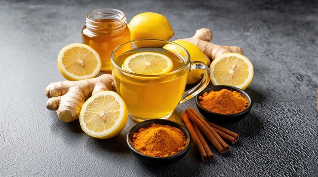 Warm beverage with ginger lemon turmeric and honey. Healthy drink ingredients with cinnamon sticks on grey concrete surface. Natural wellness preparation for cold season relief.