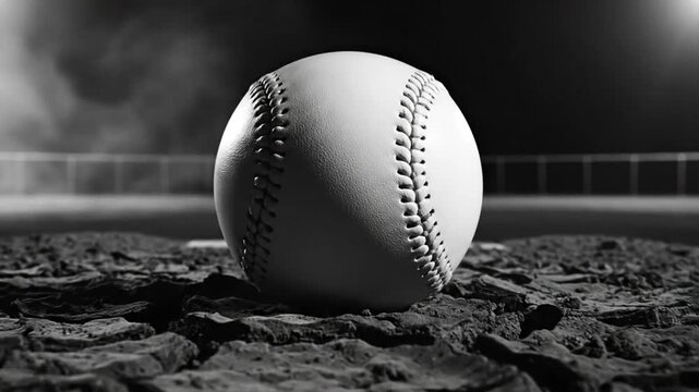 Dramatic close-up of a baseball on the pitcher's mound against a dark background with stadium lights and smoke